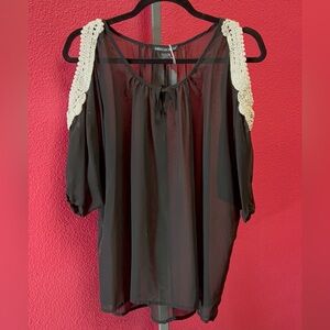 American Rag Black Cold-Shoulder Blouse with Cream Crochet Straps
